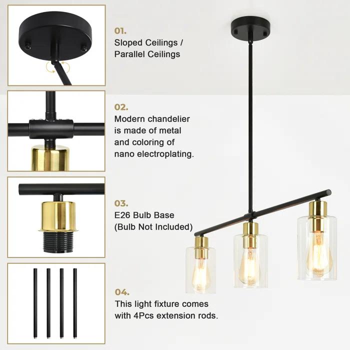 Delmis 3 - Light Kitchen Island Pendant Rustic Linear Chandelier with Clear Glass Shades