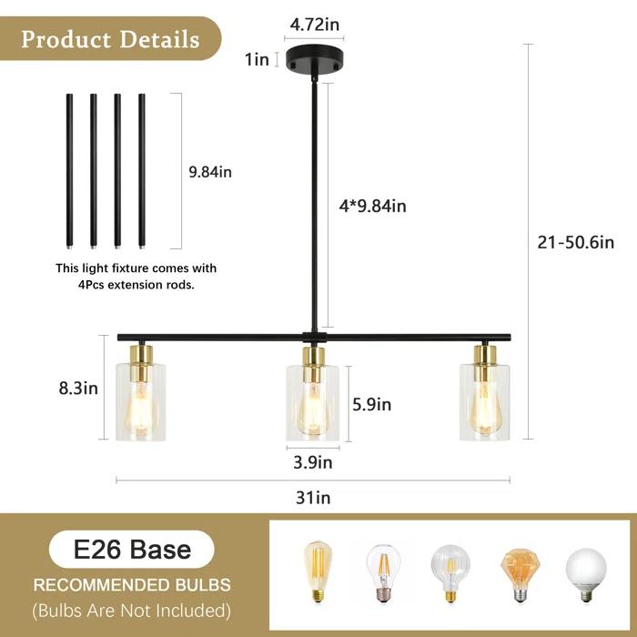 Delmis 3 - Light Kitchen Island Pendant Rustic Linear Chandelier with Clear Glass Shades