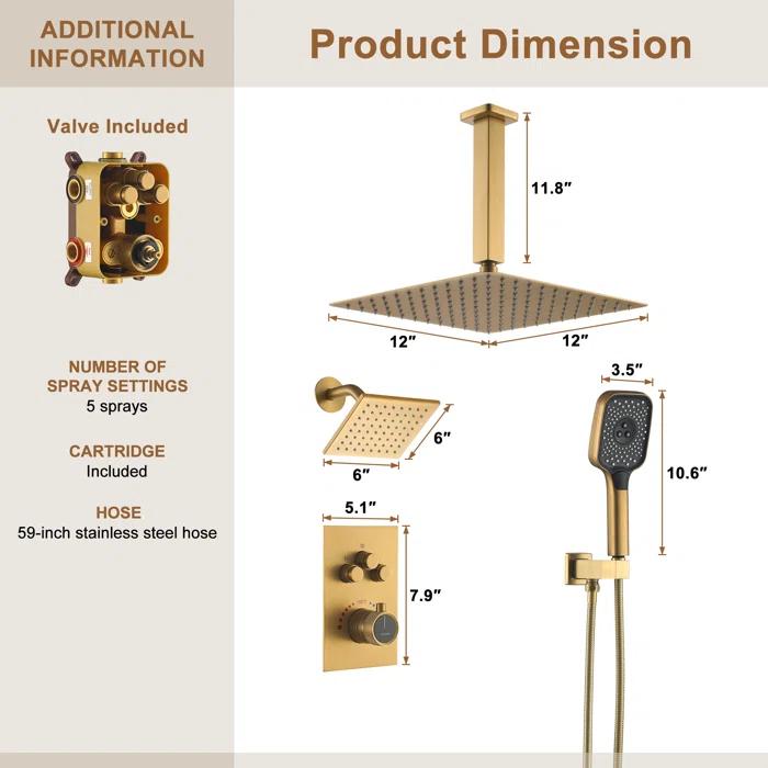 Rainfall Symphony 12inch 3-Function Dual Shower Head Thermostatic Shower System with 3 Sprays Handheld
