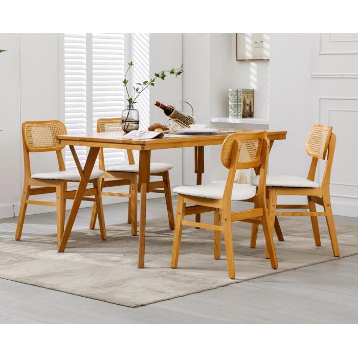 Upholstered Faux Leather Seat Rattan Back Dining Chair, Solid Wood Frame Side Chair For Living Room