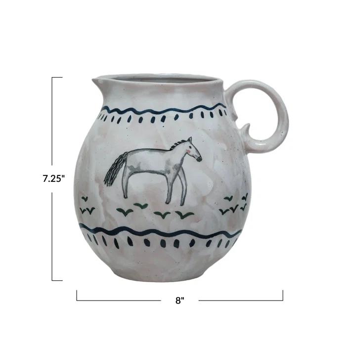80 fl. oz. Multicolor Hand-Painted Stoneware Pitcher with Horse Design