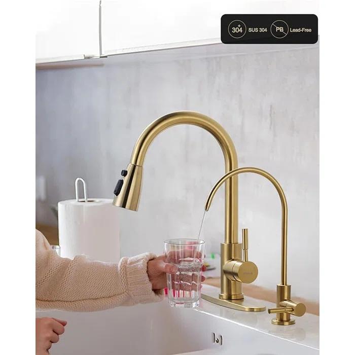 Kitchen Faucet and Water Filter Faucet Combo, WOWOW Stainless Steel Kitchen Sink Faucet with Drinking Water Faucet for Reverse Osmosis or Water Filtration System, Brushed Gold