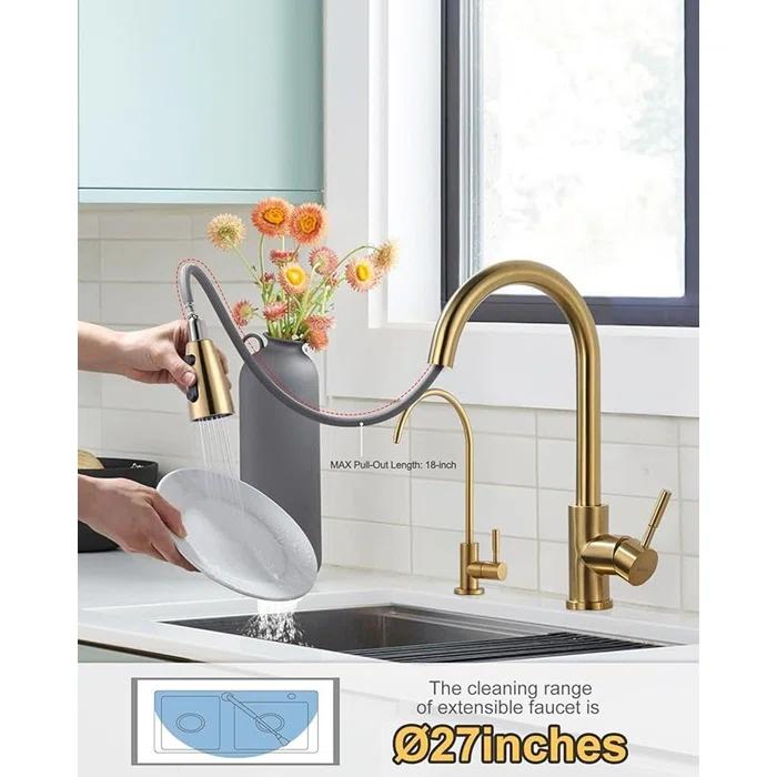 Kitchen Faucet and Water Filter Faucet Combo, WOWOW Stainless Steel Kitchen Sink Faucet with Drinking Water Faucet for Reverse Osmosis or Water Filtration System, Brushed Gold