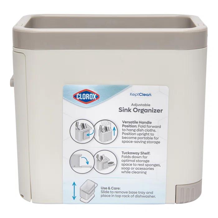 Clorox KeptClean Kitchen Sink Organizer – Space-Saving Organization of Dish Soap, Scrub Brushes, and Dish Towels, Fold-Down Shelf for Sponges and Jewelry, Drainage Tray – Steel