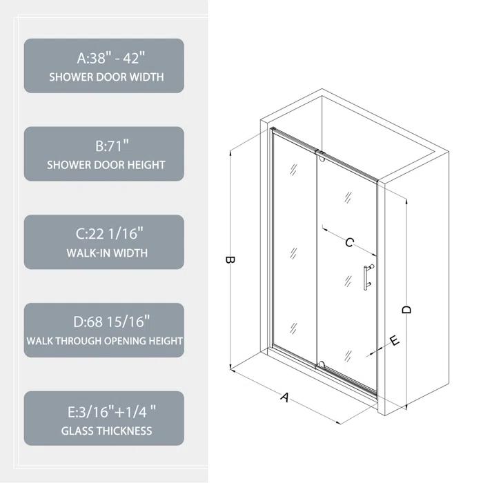 38-42" W x 71" H Flush Glass Shower Door Reversible Installation