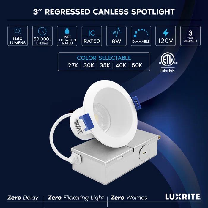 Luxrite Luxrite 3 Inch LED Recessed Ceiling Light J-Box 8W 5CCT 2700K/3000K/3500K/4000K/5000K 840LM Dimmable Canless Downlight, Wet Rated IC Rated ETL 12 Pack LR23320-12PK