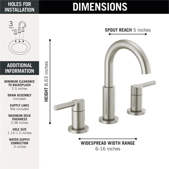 Nicoli Widespread Bathroom Faucet 3 Hole, 2-handle Bathroom Sink Faucet with Drain Assembly