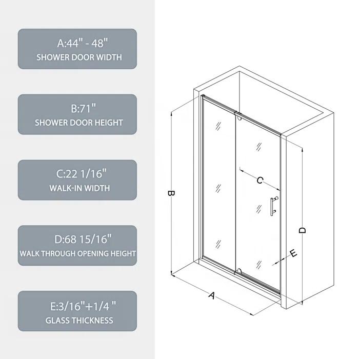 44-48" W x 71" H Flush Glass Shower Door Reversible Installation