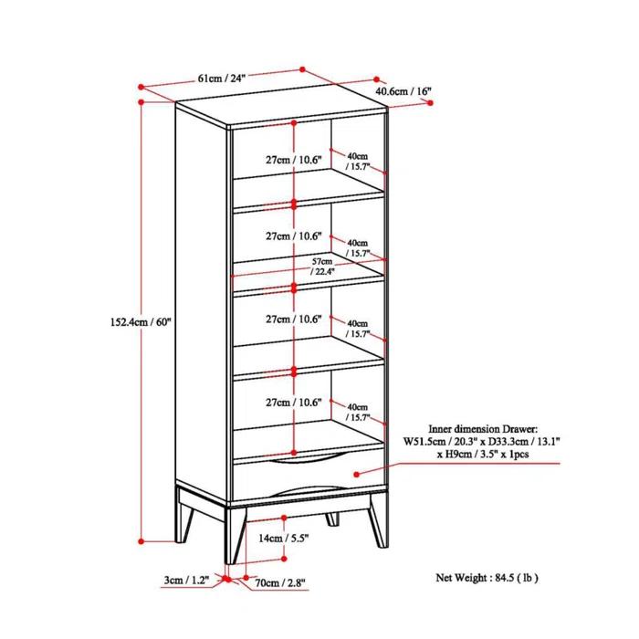Simpli Home Harper 24"W Solid Hardwood 4 Shelf Mid-Century Modern Bookcase with Drawer and Adjustable Shelves