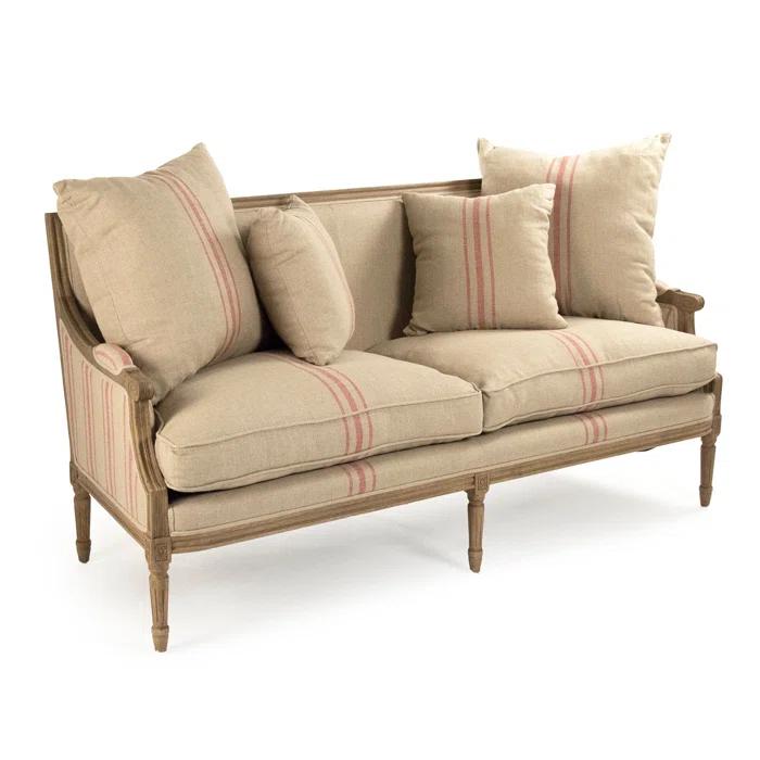 English Khaki Linen Loveseat with Red Stripe and Oak Frame