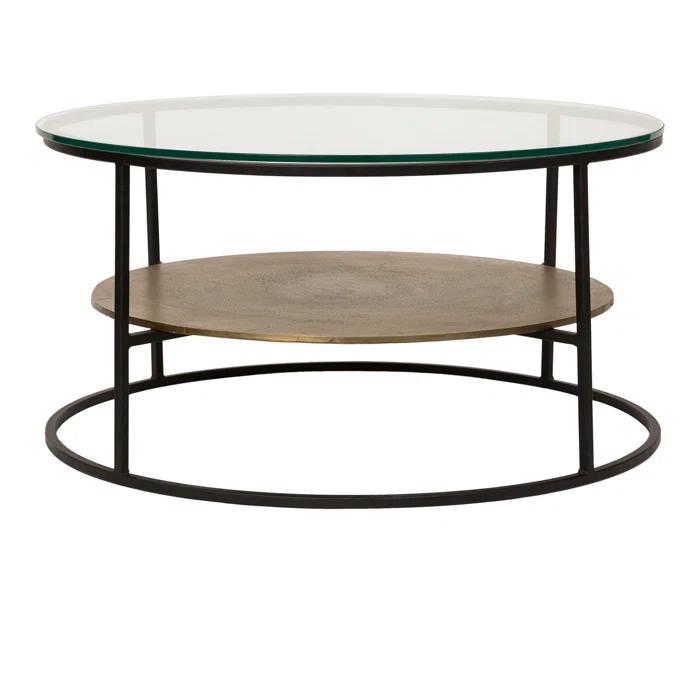 Callie Round Beige & Black Metal Coffee Table with Glass Top