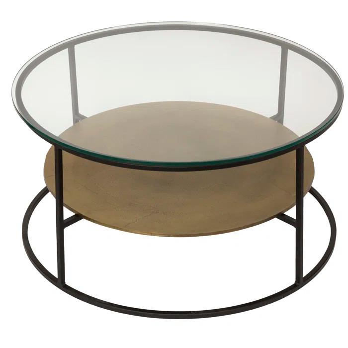 Callie Round Beige & Black Metal Coffee Table with Glass Top