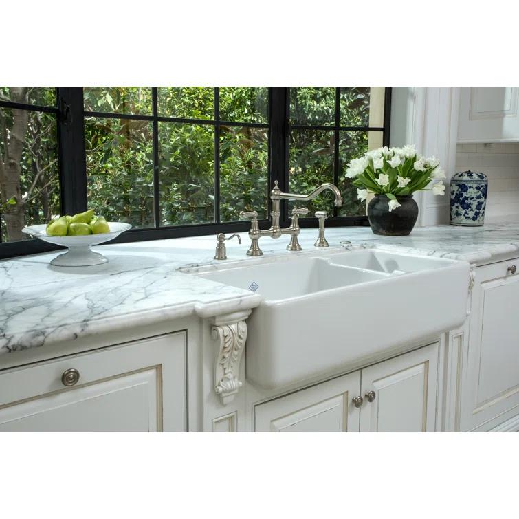 Shaws RC4019WH Lancaster 40" Double Bowl Farmhouse Apron Front Fireclay Kitchen Sink