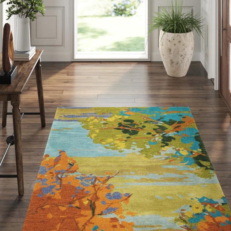 Landscape Floral Handmade Tufted Wool Teal/Yellow/Blue Area Rug