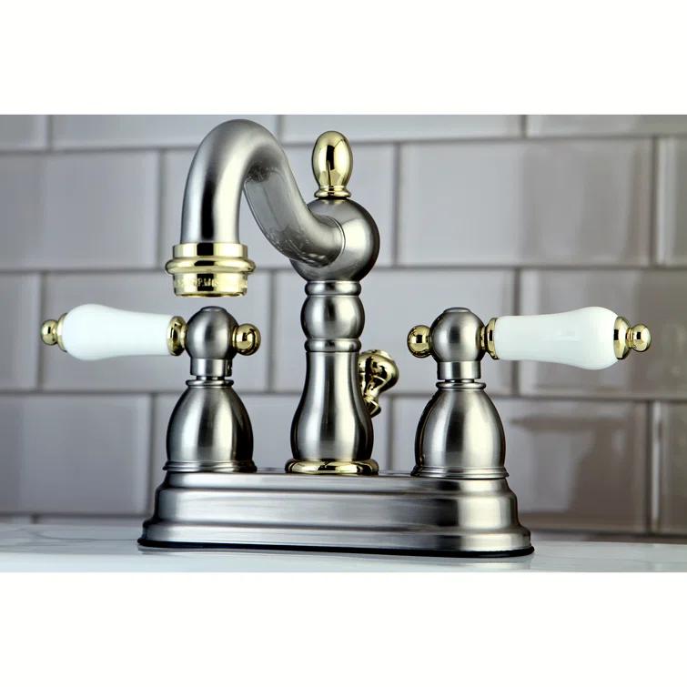 Kingston Brass Heritage Two-Handle 3-Hole Deck Mount 4" Centerset Bathroom Faucet with Plastic Pop-Up