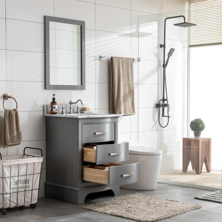 Monroe 24 in. W x 22 in. D Bath Vanity in Gray with Natural Marble Vanity Top in Carrara White with White Sink