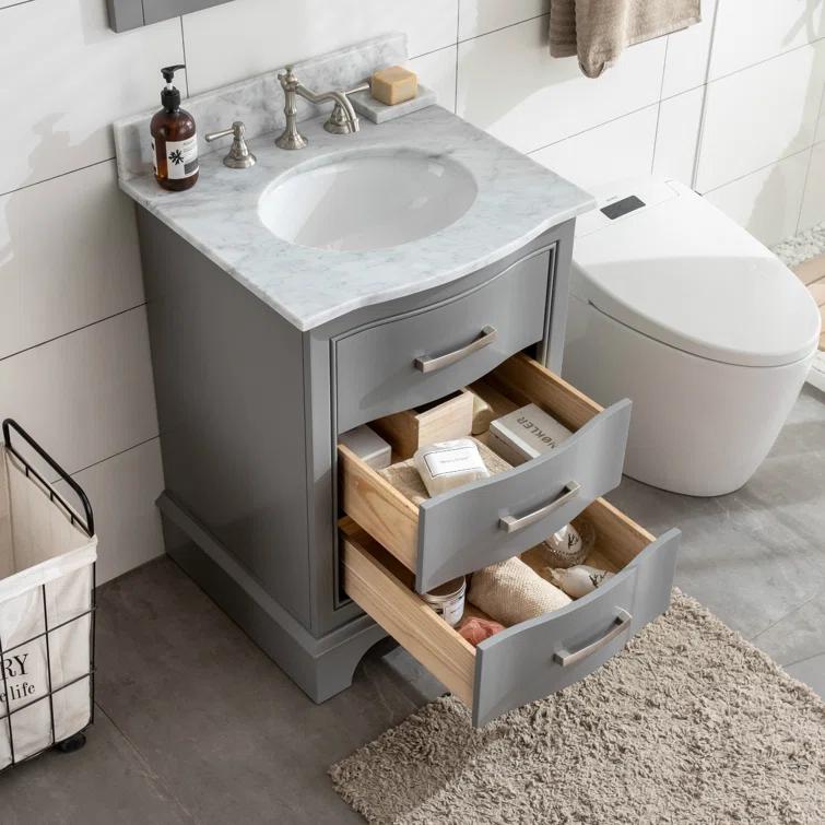 Monroe 24 in. W x 22 in. D Bath Vanity in Gray with Natural Marble Vanity Top in Carrara White with White Sink