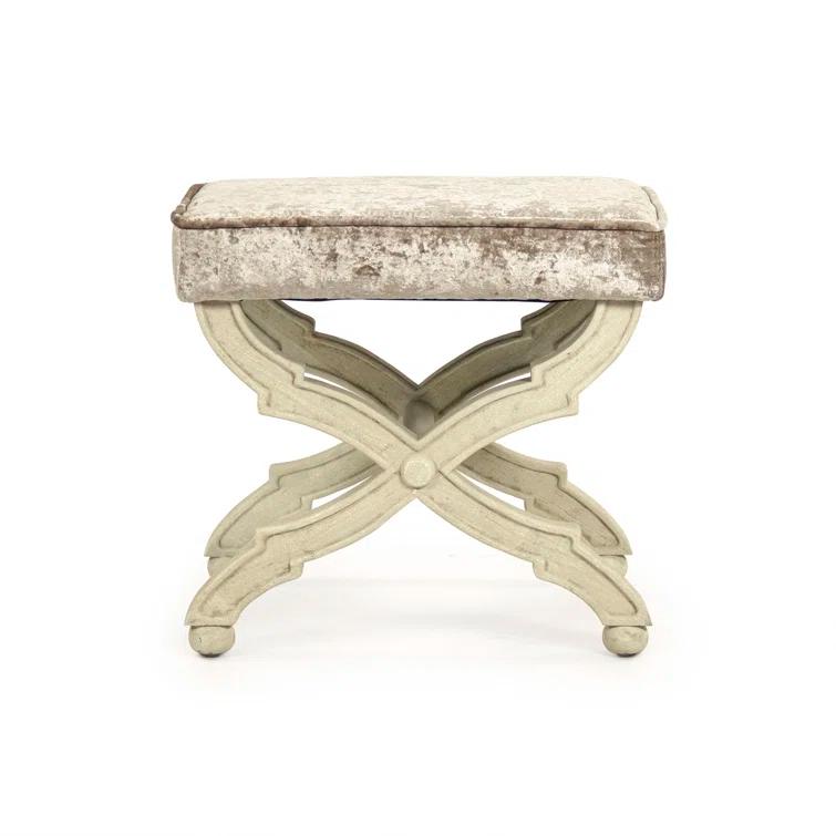 Crushed Champagne Velvet Accent Stool with Distressed Ivory Legs