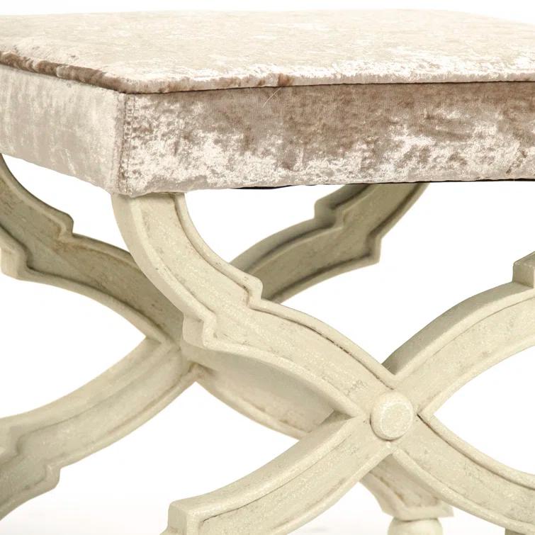Crushed Champagne Velvet Accent Stool with Distressed Ivory Legs