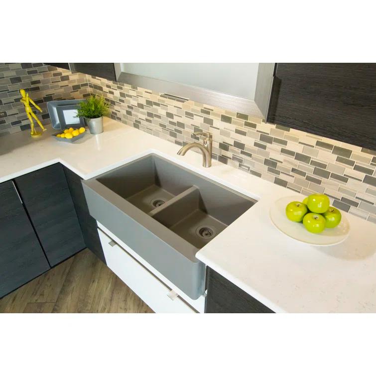 Karran Quartz 34'' X 21-1/4'' 50/50 Double Bowl Farmhouse/Apron Front Kitchen Sink Kit