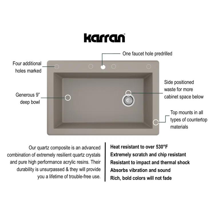 Karran Drop-in Quartz Composite 33'' X 22'' 1-Hole Single Bowl Kitchen Sink