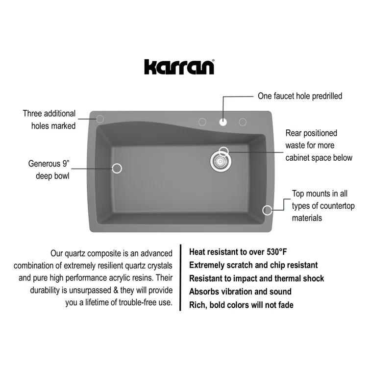 Karran Karran Drop-in Quartz Composite 34'' X 22'' 1-Hole Single Bowl Kitchen Sink QT-722-GR