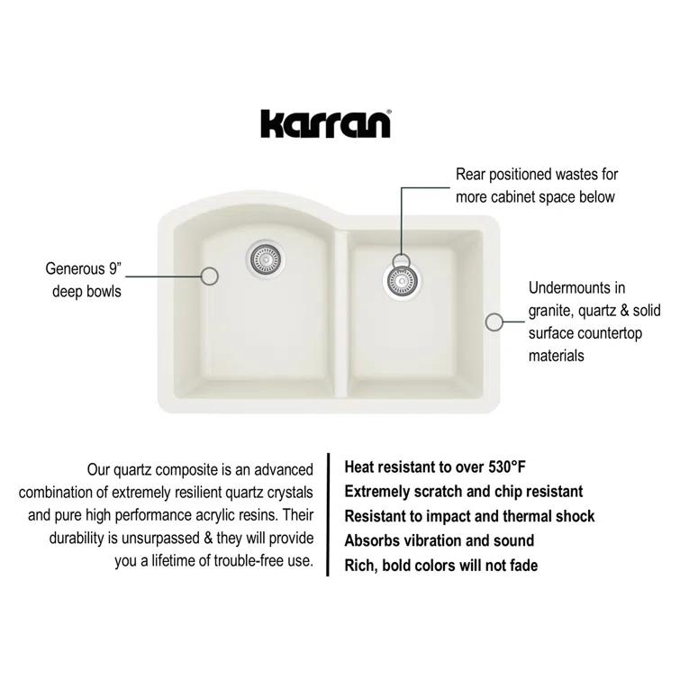 Karran Undermount Quartz Composite 32'' X 21'' 60/40 Double Bowl Kitchen Sink