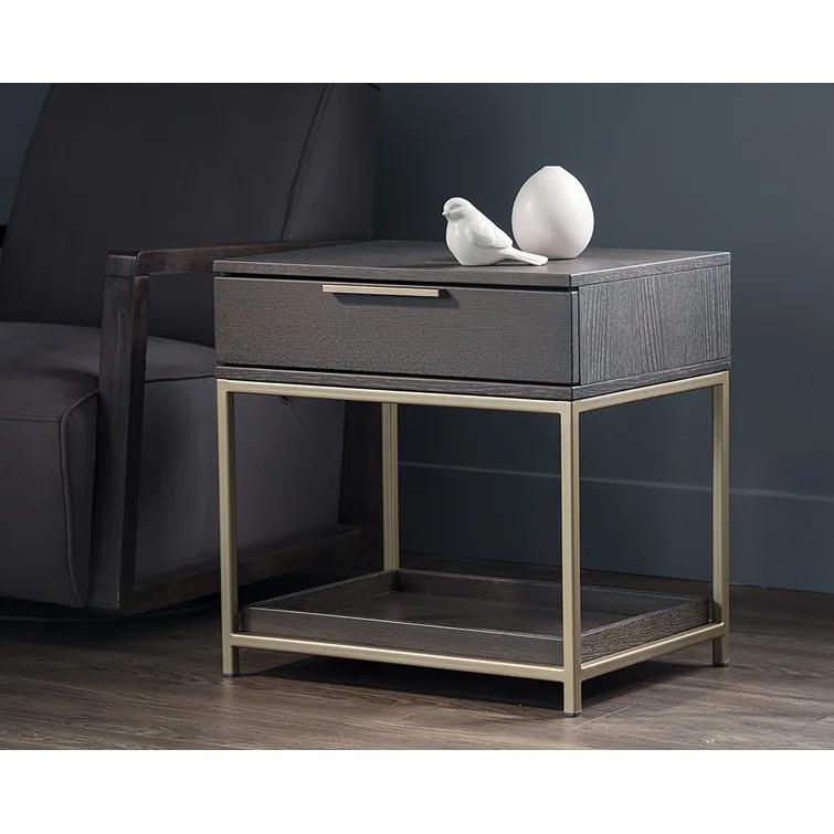Gray Oak and Gold 1-Drawer Nightstand