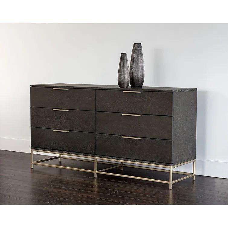 Transitional Charcoal Gray and Gold Dresser with 6 Soft Close Drawers
