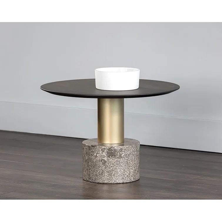 Transitional Round Gray Marble & Charcoal Wood Outdoor Coffee Table