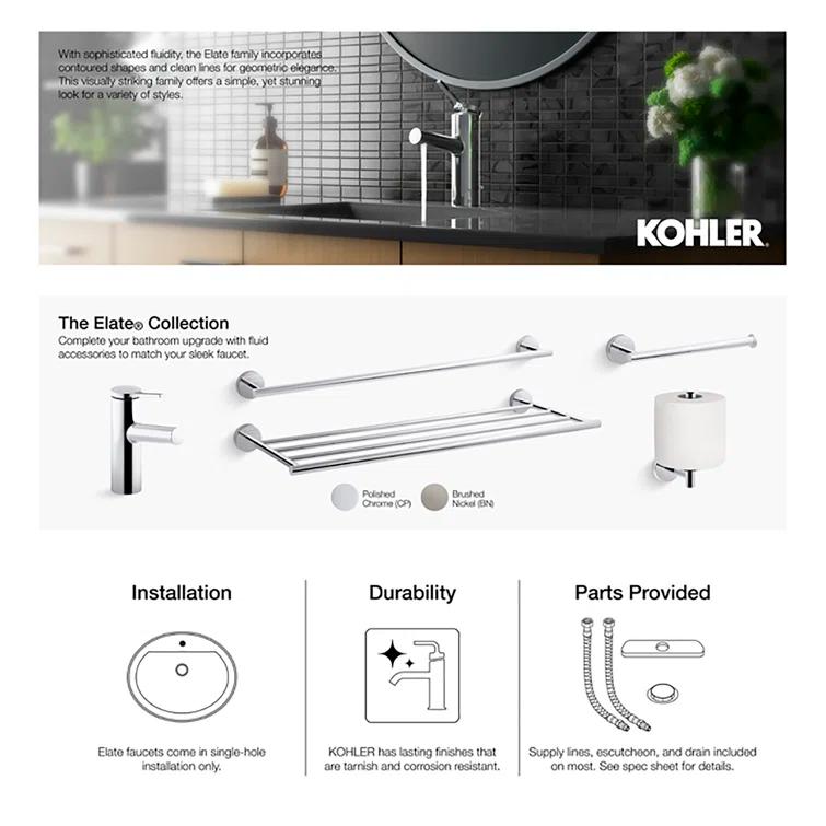 Kohler Elate Single-Handle Bathroom Faucet with Pop-Up Drain Assembly, One Hole Bathroom Sink Faucet, 1.2 gpm