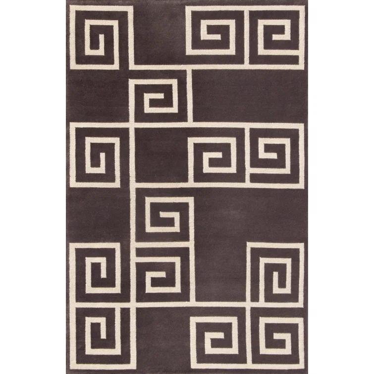 Art Deco Inspired Slate and Cream Hand-Knotted Wool Area Rug