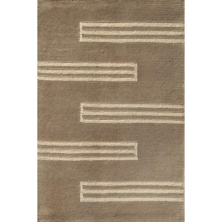 Loomed Stripes Cream & Taupe Hand-Knotted Wool Rug 4' x 6'