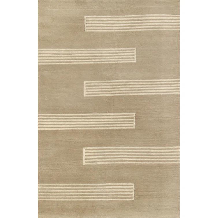 Loomed Stripes Cream & Taupe Hand-Knotted Wool Rug 4' x 6'