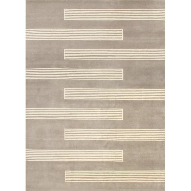 Loomed Stripes Cream & Taupe Hand-Knotted Wool Rug 4' x 6'
