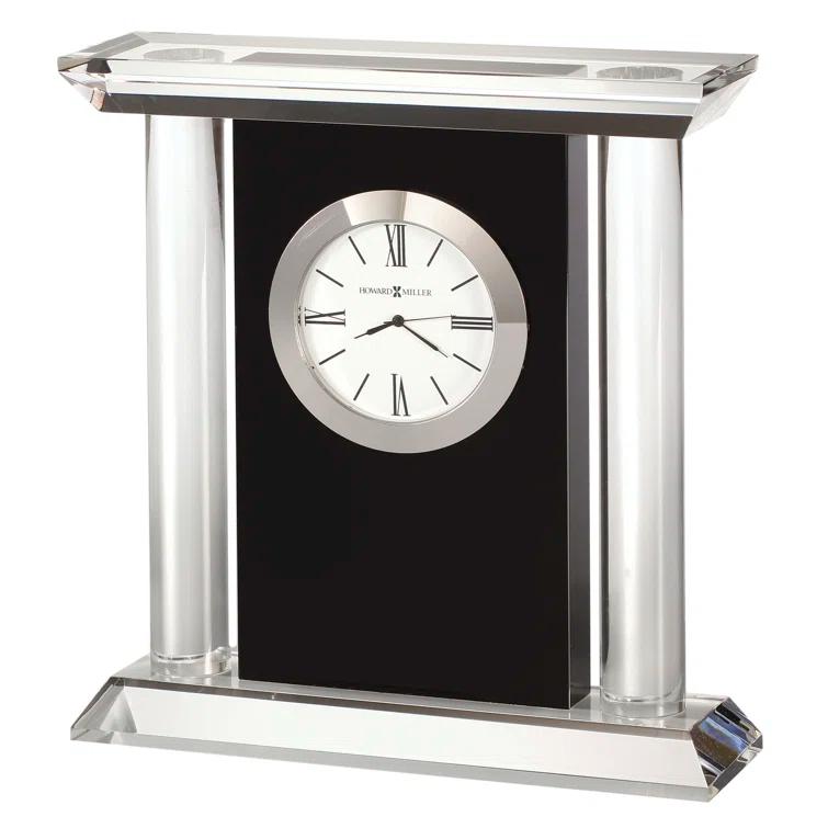 Colonnade Modern & Contemporary Roman Numeral Crystal Quartz Movement / Crystal Tabletop Clock in Black Glass/Silver