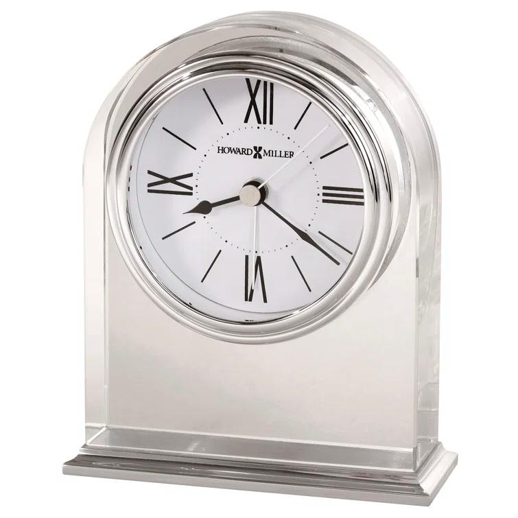 Howard Miller® Optica Modern & Contemporary Roman Numeral Crystal Quartz Movement / Crystal Tabletop Clock with Alarm in Brushed And Polished Aluminum Base/Polished Silver-Tone Waterfall Bezel