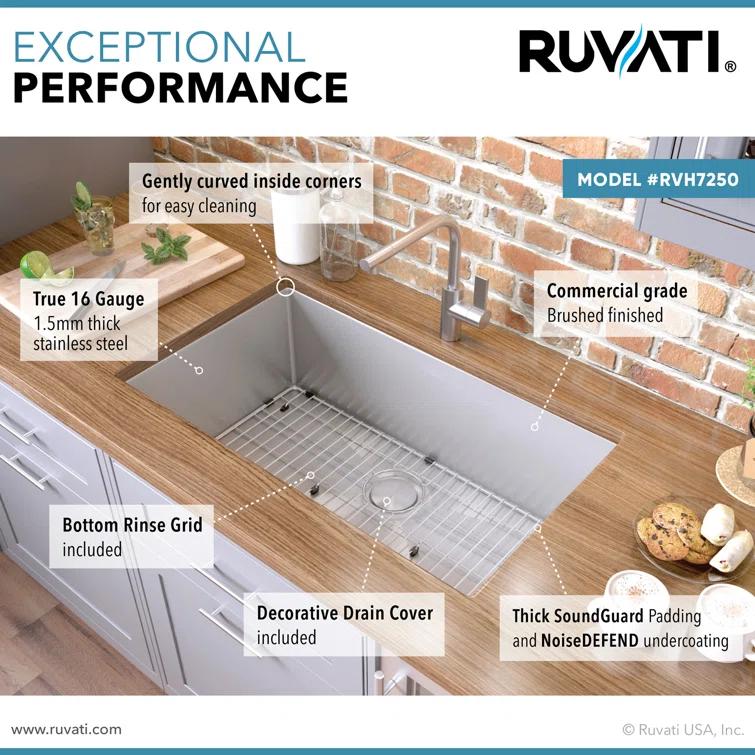 Ruvati RVH7250 Ruvati 28-inch Undermount 16 Gauge Stainless Steel Kitchen Sink Rounded Corners Single Bowl