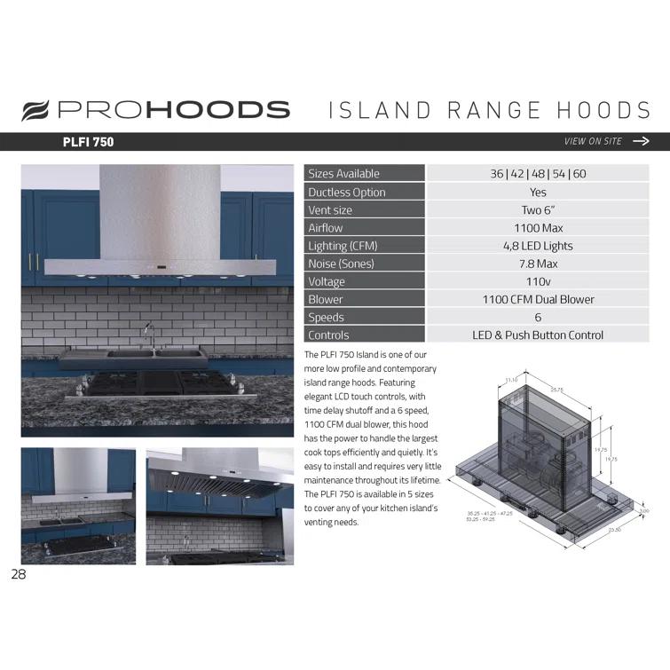 PROLINE 36" 1100 CFM Ducted Island Range Hood in Brushed Stainless Steel