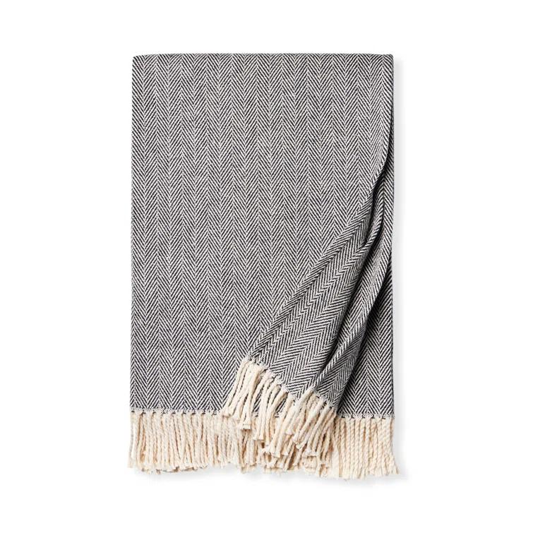Black Cotton Herringbone Throw Blanket with Fringe, 51" x 71"