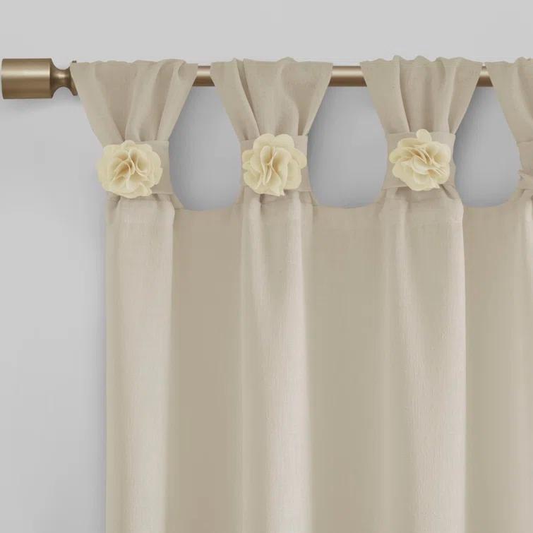 Madison Park Rosette Floral Embellished Cuff Tab Top Solid Single Curtain Panel