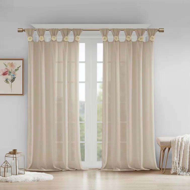 Madison Park Rosette Floral Embellished Cuff Tab Top Solid Single Curtain Panel
