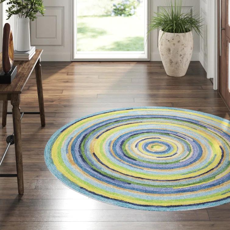 Concentric Geometric Handmade Tufted Wool Blue/Green/Yellow Area Rug