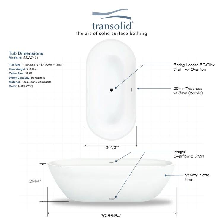 Sherwood 71'' x 32'' Freestanding Soaking Stone Bathtub with Faucet