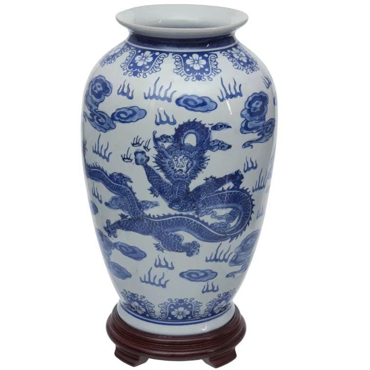 14" Dragon Blue & White Porcelain Tung Chi Vase