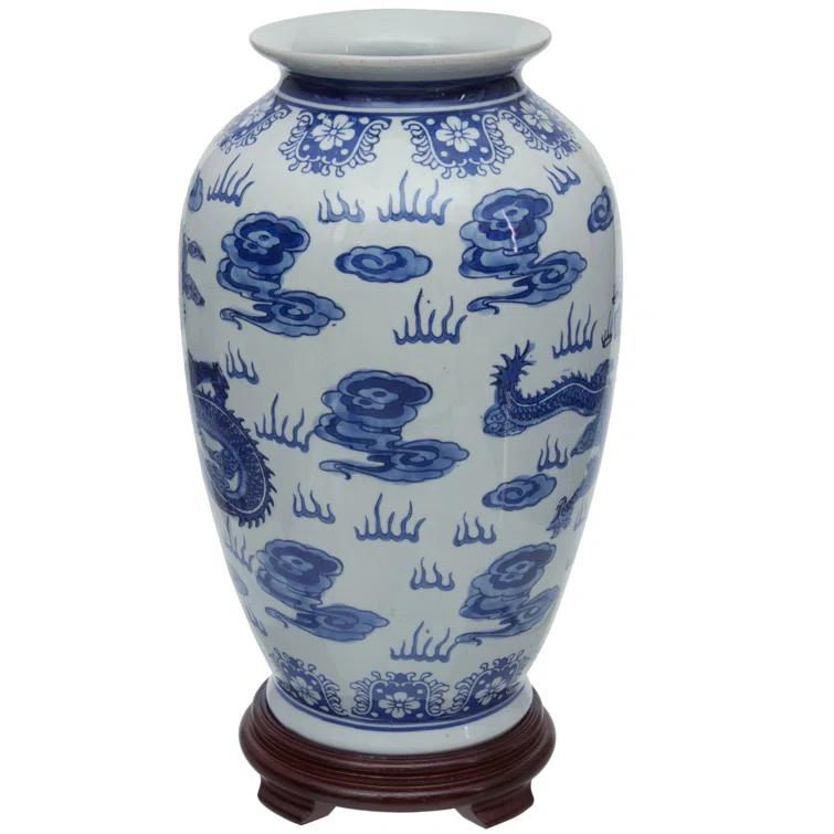 14" Dragon Blue & White Porcelain Tung Chi Vase