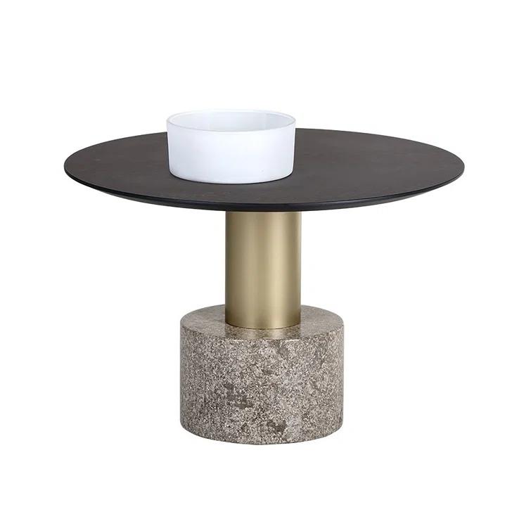 Transitional Round Gray Marble & Charcoal Wood Outdoor Coffee Table