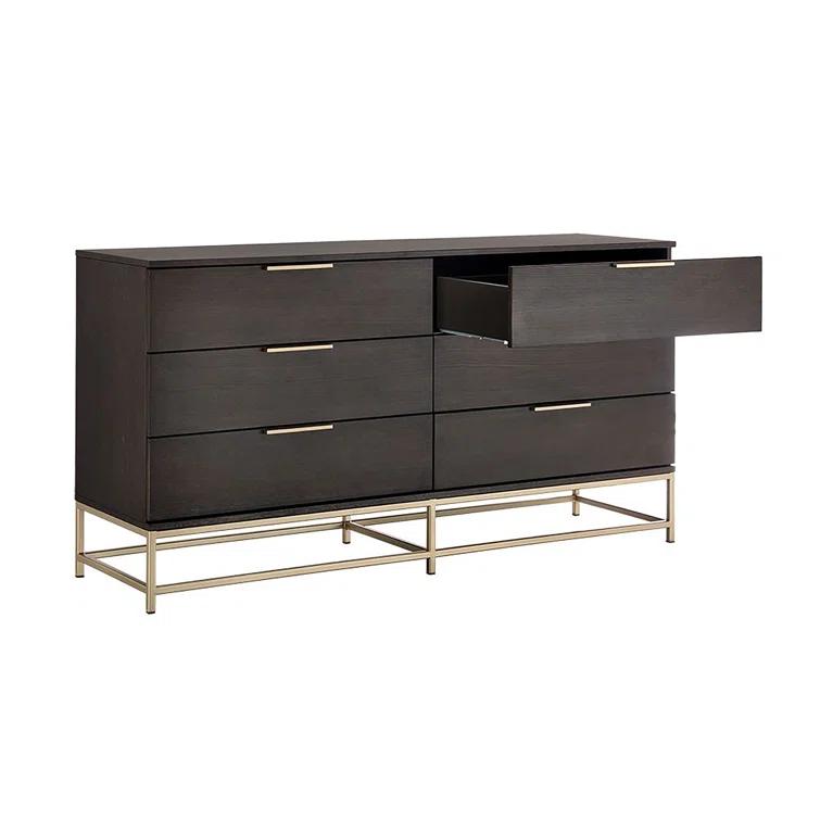 Transitional Charcoal Gray and Gold Dresser with 6 Soft Close Drawers