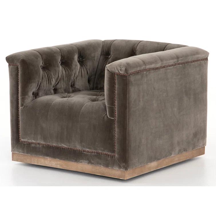 Handcrafted Gray Velvet Swivel Armchair with Bronze Nailheads