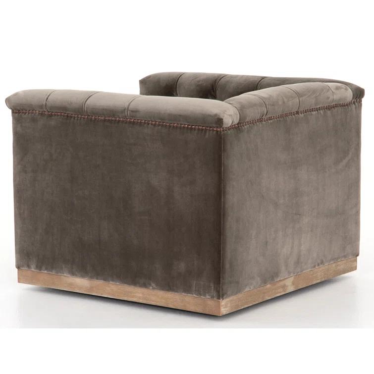 Handcrafted Gray Velvet Swivel Armchair with Bronze Nailheads